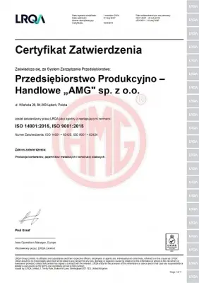 Certyfikaty ISO 9001:2015 oraz ISO 14001:2015